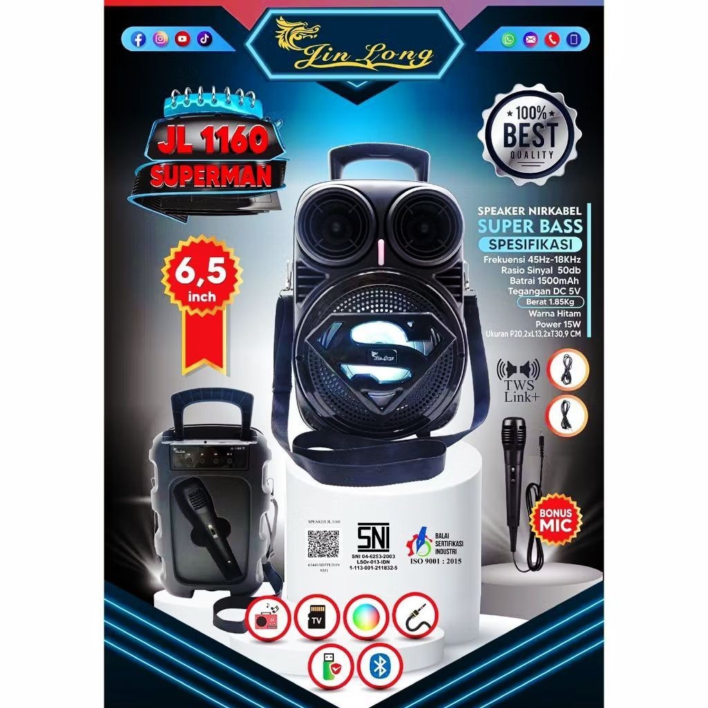 SPEAKER 6,5" INCH + MIC JINLONG SUPERMAN JL 1160 SUPER BASS RADIO TAPE SNI