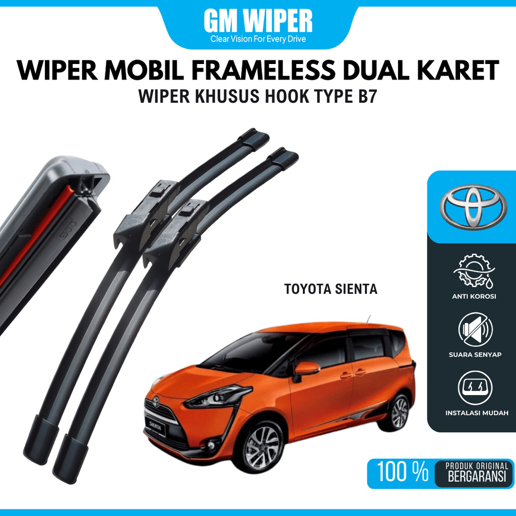 Wiper Dual 2 Karet Toyota Sienta Model Karet Double Blade 1 Set Kiri dan Kanan Tanpa Rangka Besi Pem