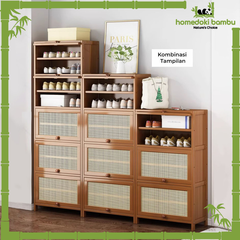 Homedoki Bambu  - Lemari Sepatu Tertutup / Rak Sepatu Sederhana/Rak Sepatu Rotan Lemari Sepatu Kayu 