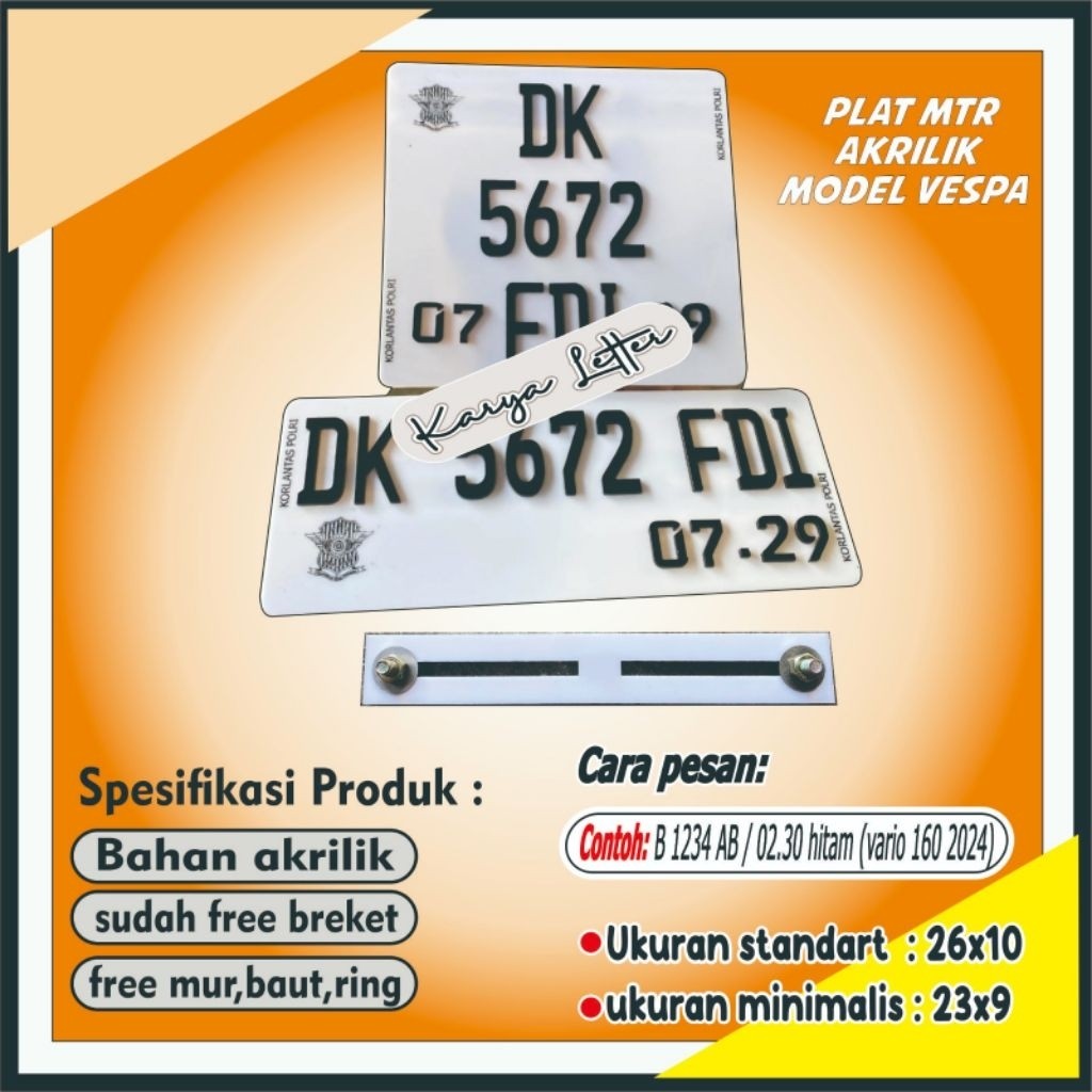 (HARGA SEPASANG) Plat motor KOTAK AKRILIK model vespa