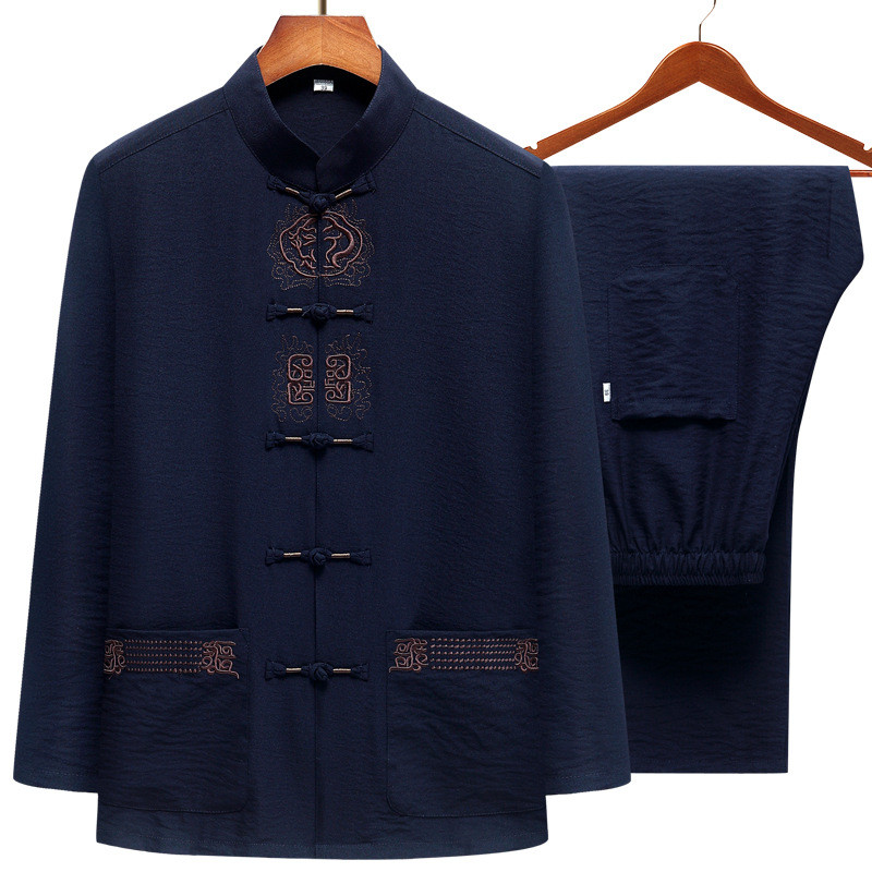 Setelan Pria Tiongkok Lengan Panjang Katun Linen Baju Gaya Tiongkok Klasik