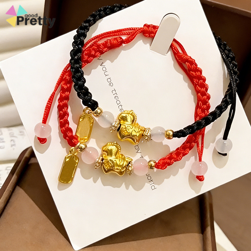 COD Gelang Tali Merah Hitam Wanita Pria Gelang Liontin Kuda Emas Adjustable Anti Karat Aksesoris Keb
