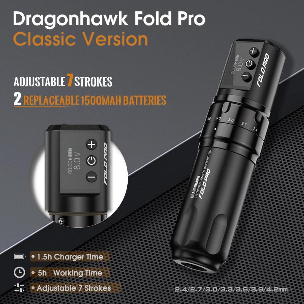 Dragonhawk Fold Pro Wireless Tattoo Machine Adjustable 7 Strokes Power By Mcore-c2 Low Vibration Sil