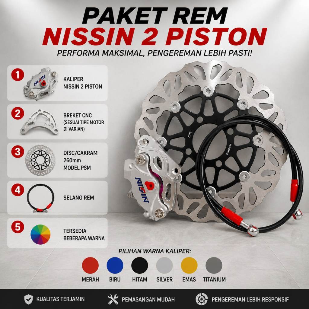 PELITA149 Paketan Pengereman Kaliper Nissin CNC 2P + Breket CNC + Disc/Cakram 260mm Model PSM 4 Luba