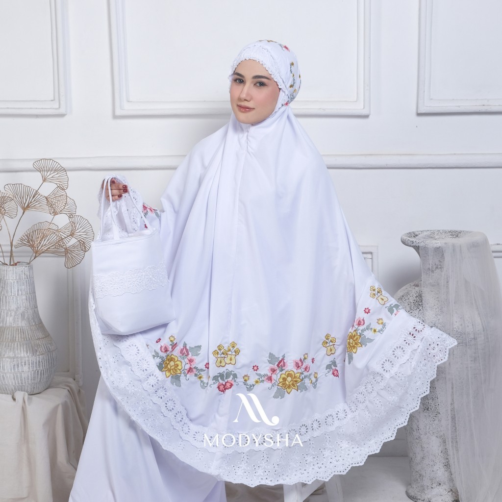 haji.. Mukena Syahfa Bordir Padang Katun Anti UV Jumbo Premium by Modysha