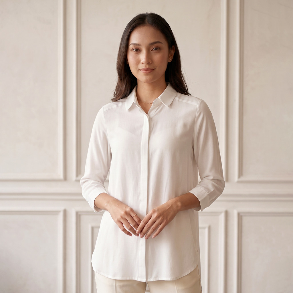 Novel Mice | Kemeja Wanita Basic Rayon Celin Broken White | Atasan Wanita Lengan Panjang Motif Polos