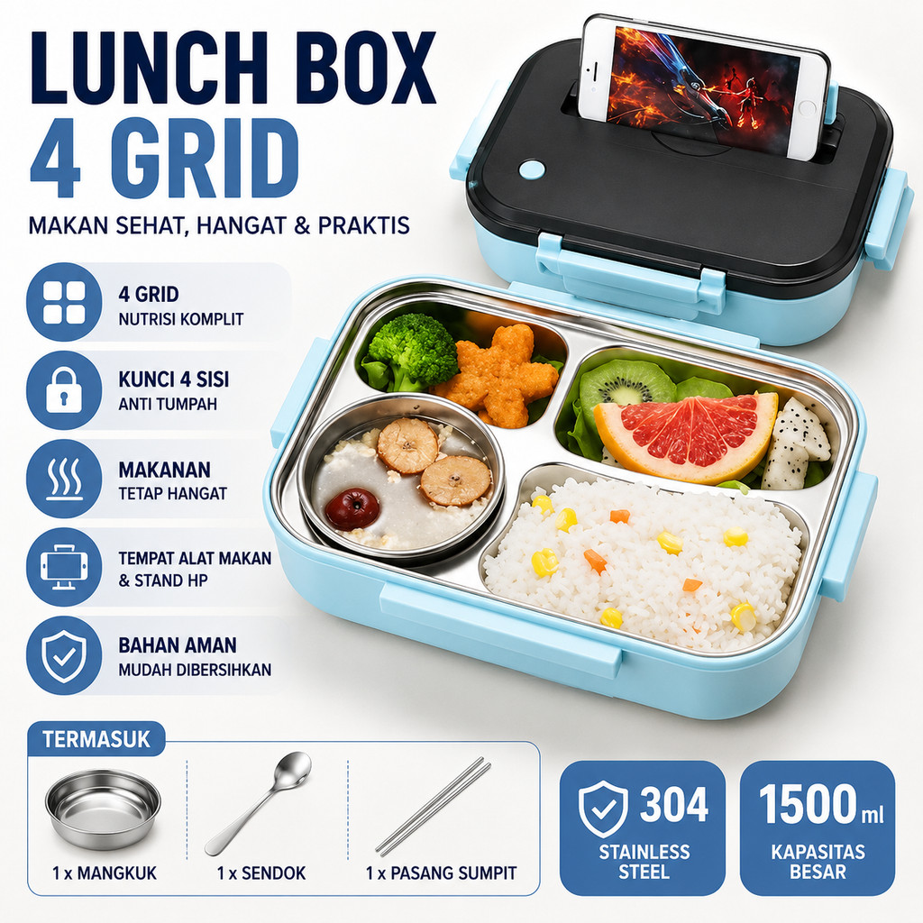 Kotak Makan Stainless Steel 304 Sekat 4 Tempat Bekal Lunch Box Anti Tumpah Bocor Grid 1500ml Set Sen