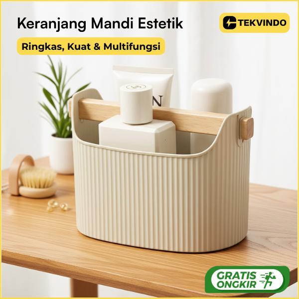 Keranjang Sabun Mandi Pegangan Kayu Keranjang Storage Basket Serbaguna Tempat Alat Mandi Aesthetic