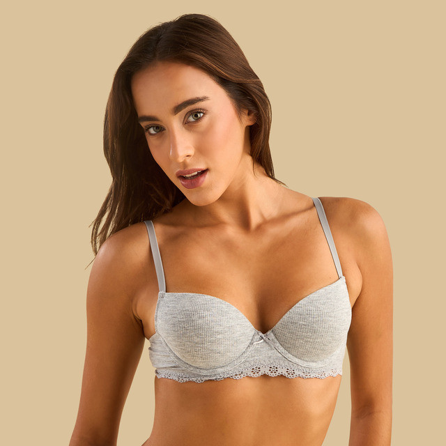 Max Fashions Dalaman Wanita Ribbed Demi Bra with Lace Trim Grey - Light