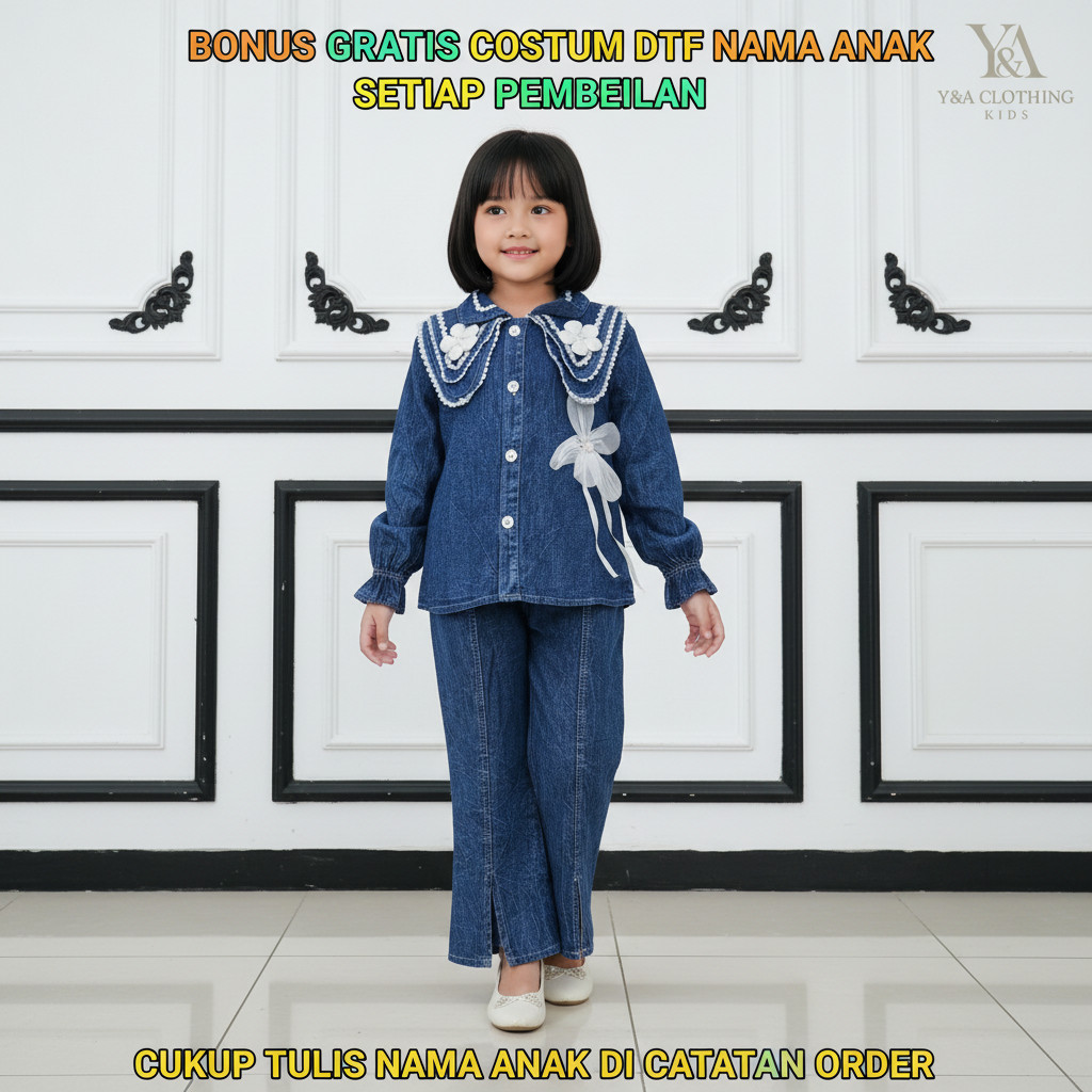 Setelan Anak Perempuan Jeans Denim Korean Style 3-12 Tahun Set Baju Celana Kulot Premium