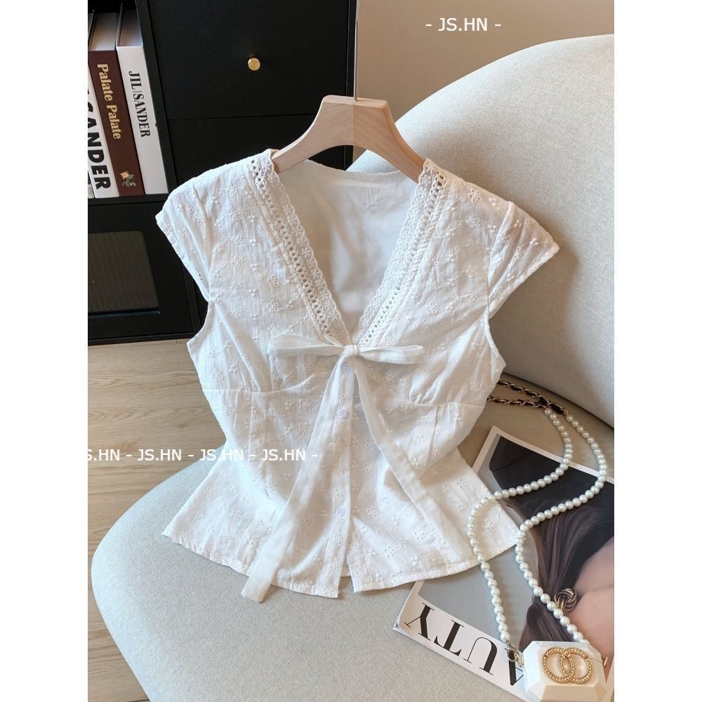 JS.HN - Blus Lengan Pendek Putih Berbordir Renda Gaya Prancis Untuk Wanita Atasan Lengan Bergelomban