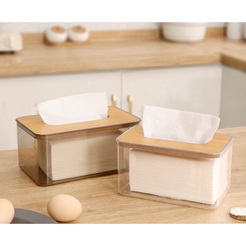 Tempat Tisu Minimalis Akrilik Transparan Kotak Tisu Kayu Modern Estetik