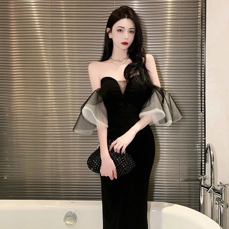 Gaun malam hitam tanpa tali model Hepburn, mewah ringan, elegan, unik, gaun panjang seksi.