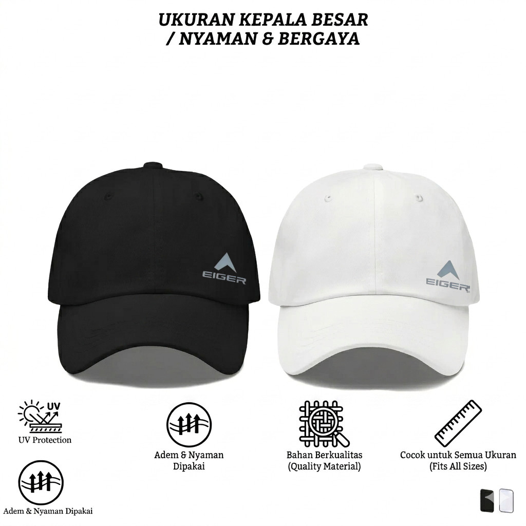 Topi Baseball Olahraga Hitam EIGER - Napas Cepat, Anti Keringat, Pria Wanita