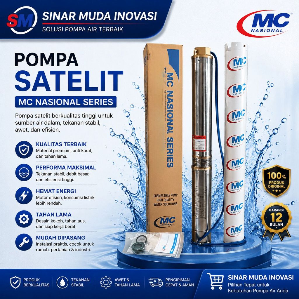 pompa satelit Submersible 4” inch MCPUMP 2HP 1.5KW 4MCPM 3/25 kipas stenlis out 1.25"