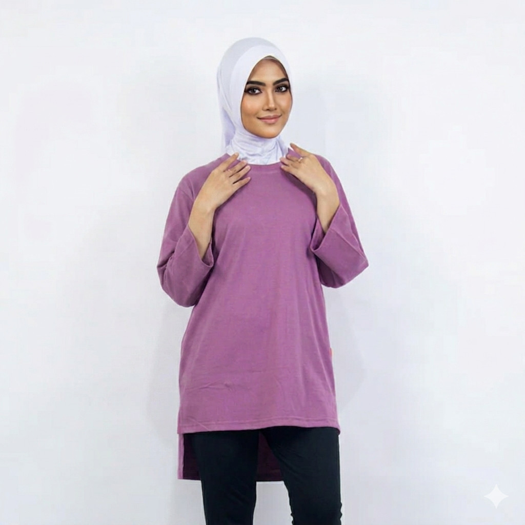 Kaos Wanita Lengan 7/8 Oversize Premium Bahan Katun Sejuk Model Tunik Putih Polos
