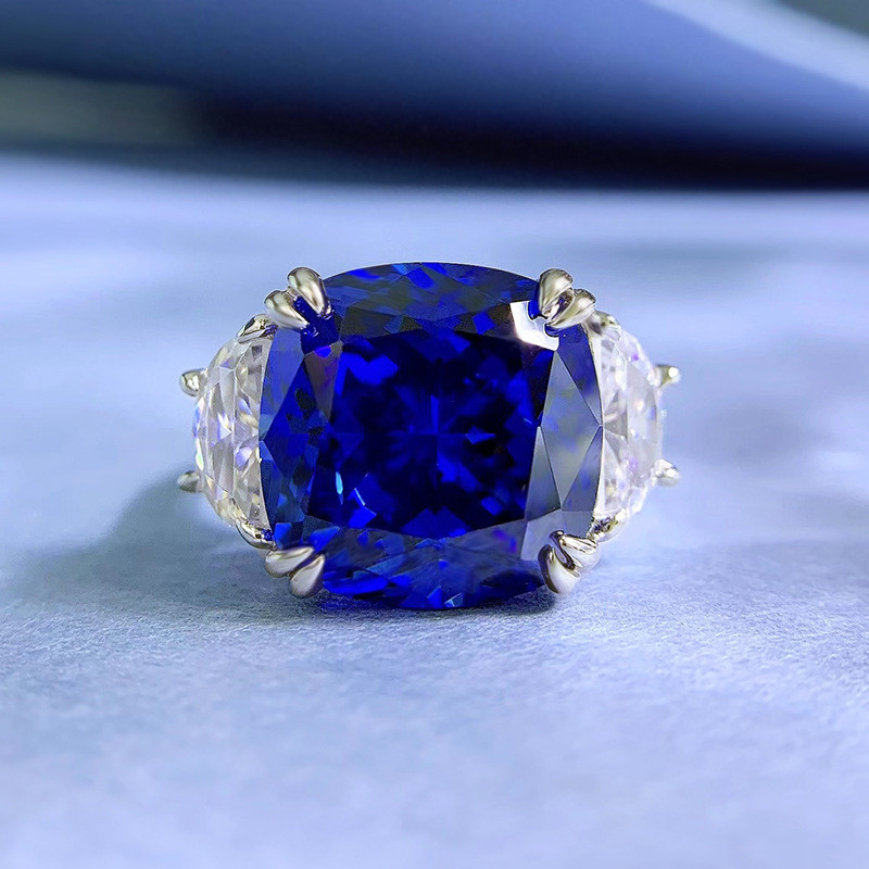 Xinchan Perhiasan Model Baru 2023 S925 Perak 13*13mm Royal Blue Cincin Persegi Rasa Sederhana Model 