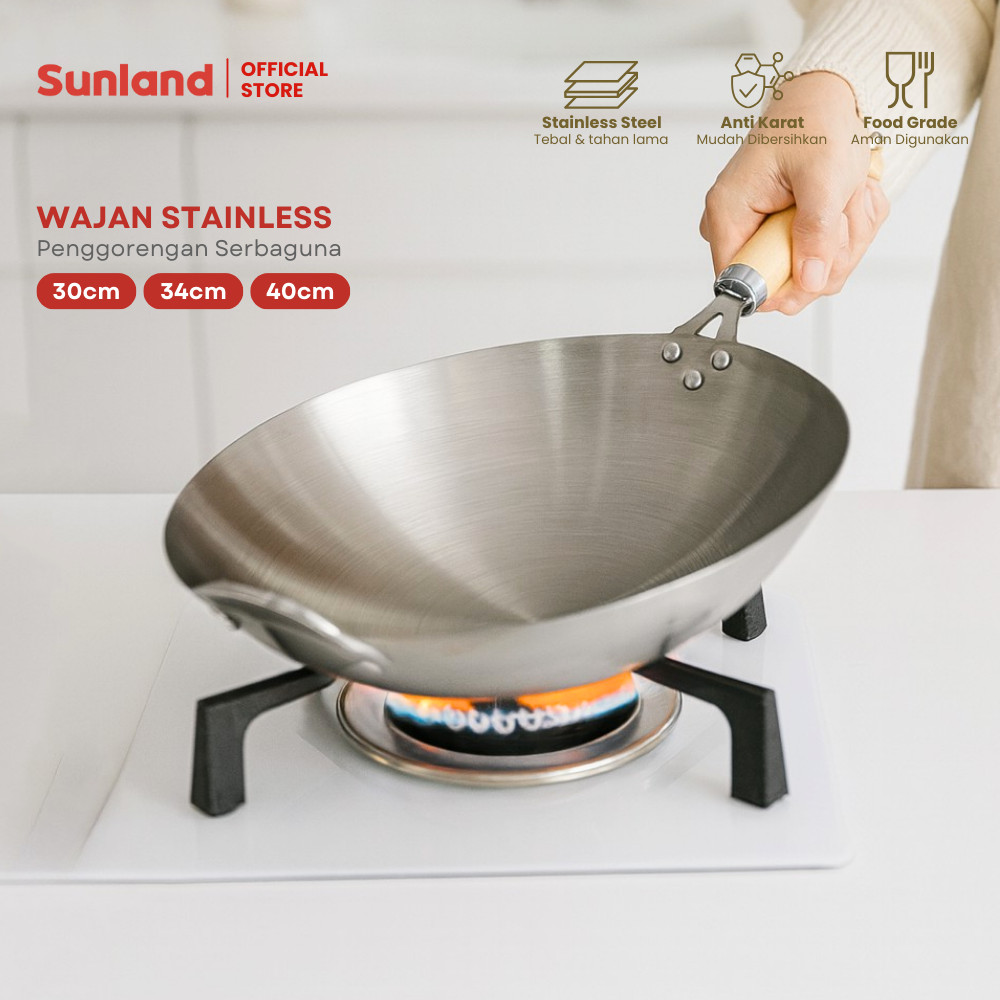 SUNLAND Wajan Kuali Stainless Steel Kuali Besar Anti Lengket Wajan Stainless Tebal Kuat Wajan Penggo