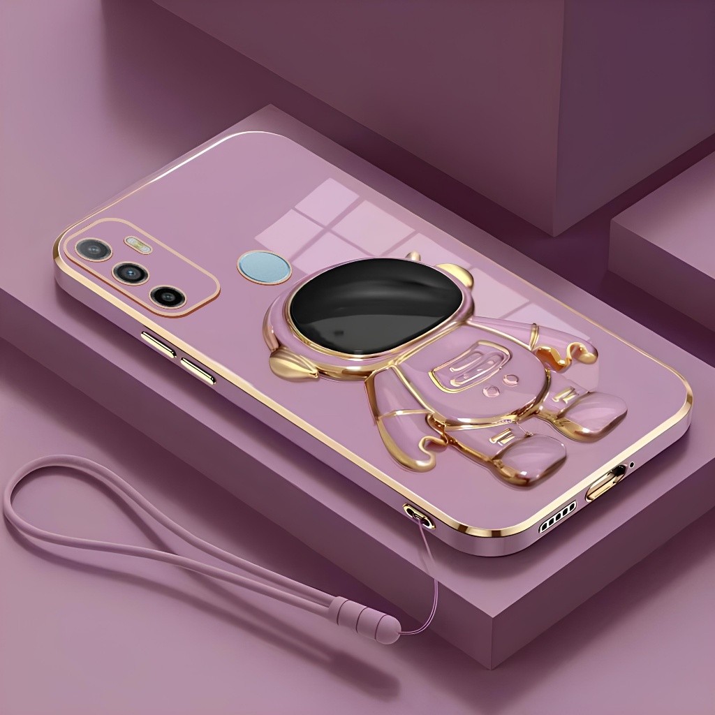 Soft Case Oppo A53 A33 A53s 4G 2020 Dudukan Lipat Astronot Plating Free Tali Lanyard Casing Handphon