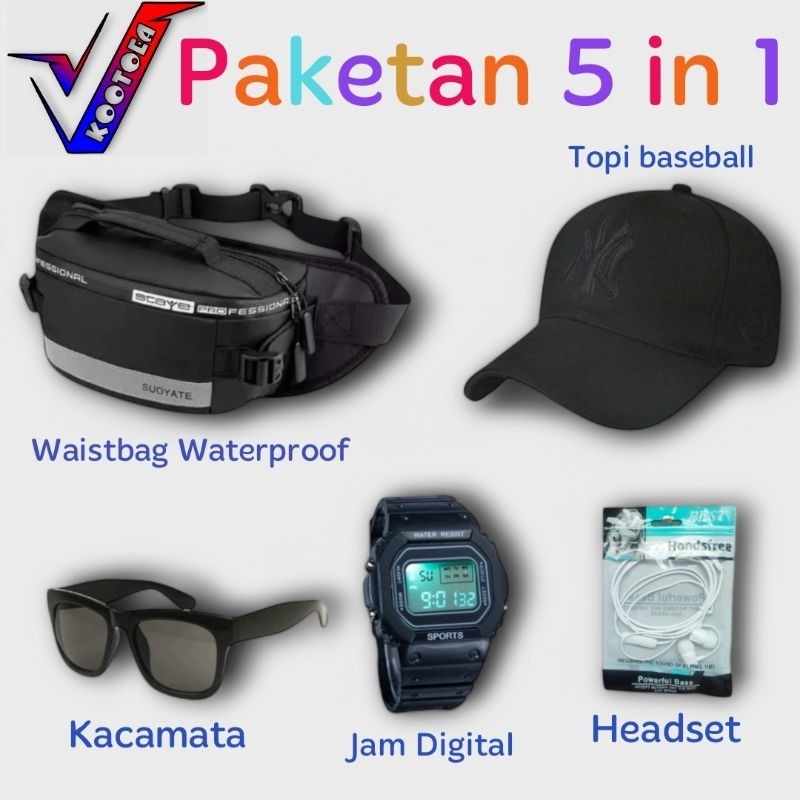 Tas Pria KOTOEA Paket 5 pcs TAS WAISTBAG  Selempang salempang pinggang  Gratis JAM DIGITAL Led digit