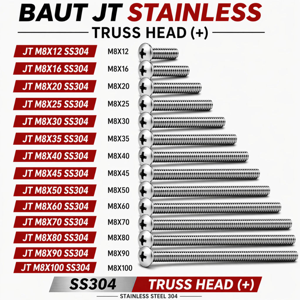 Baut JT M8X100 Machine Screw M8 X 100 Truss Head 8X100 Baut Obeng + Stainless SS304