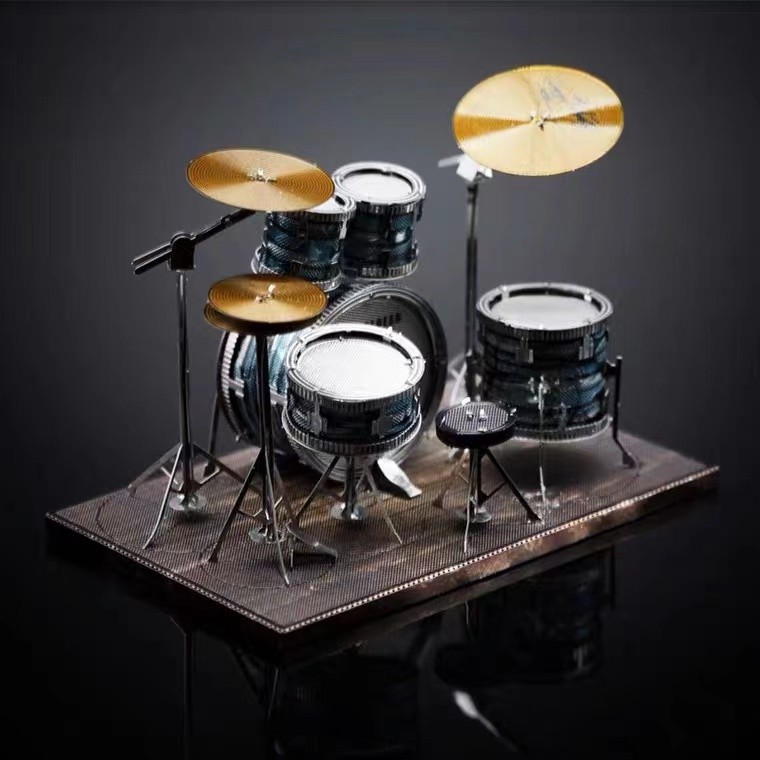 Mainan Puzzle 3D Miniatur Drum Set Metal Model Kit DIY Edukasi Pajangan Meja Bahan Besi Kuat