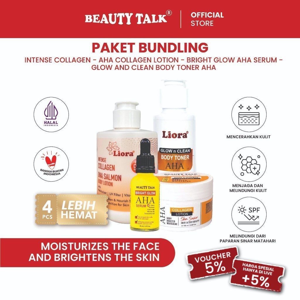 [Bundle hemat - 4PCS] LIORA Intense Collagen 200ML + BEAUTY TALK AHA Collagen lotion 100ML+ BEAUTY T