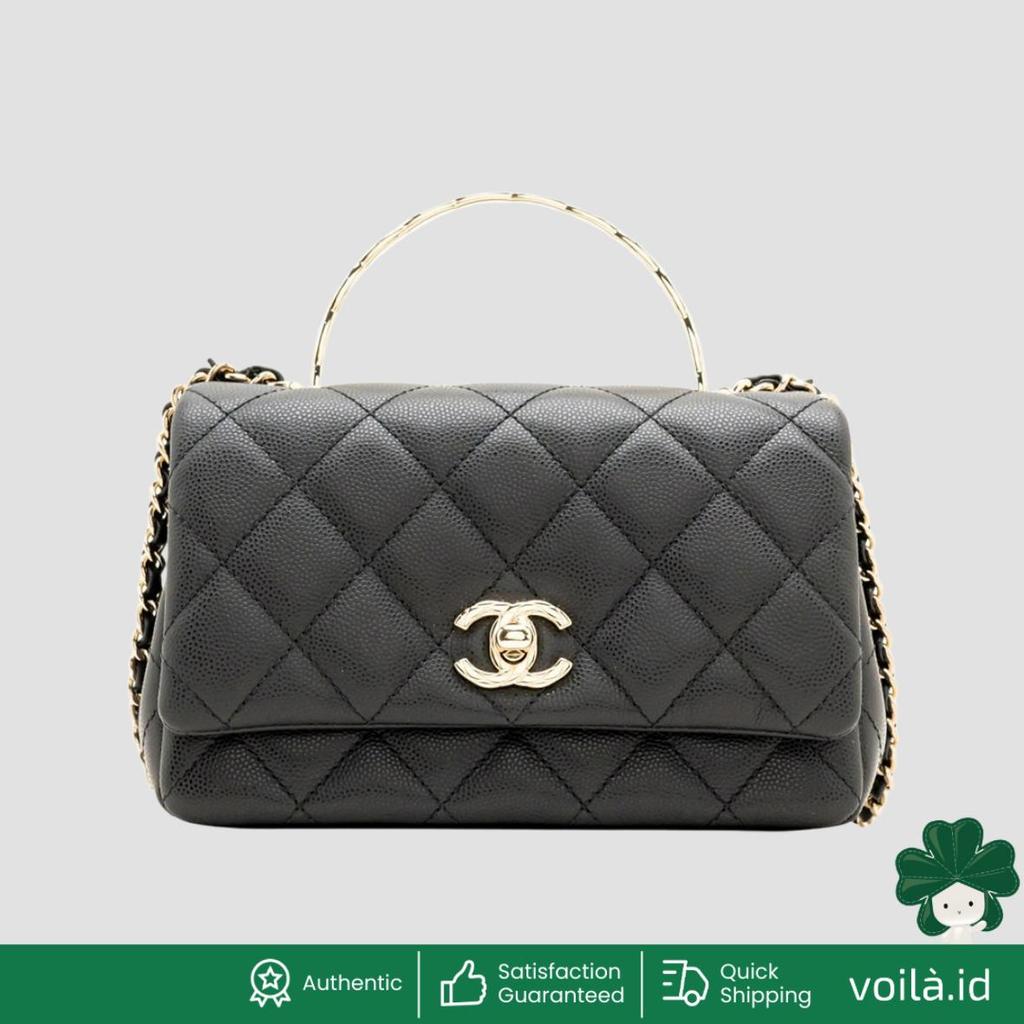 Flap Chain Crossbody Bag with Top Handle Caviar Leather Black Lghw