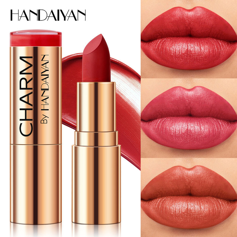 Lipstik pelembab, lipstik HANDAIYAN dalam kemasan emas, tahan air, mudah diaplikasikan, lipstik pele