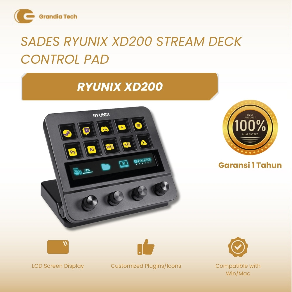 RYUNIX XD200 Stream Deck Control Pad LCD 10 Tombol + 4 Knob USB Hub Mac Windows