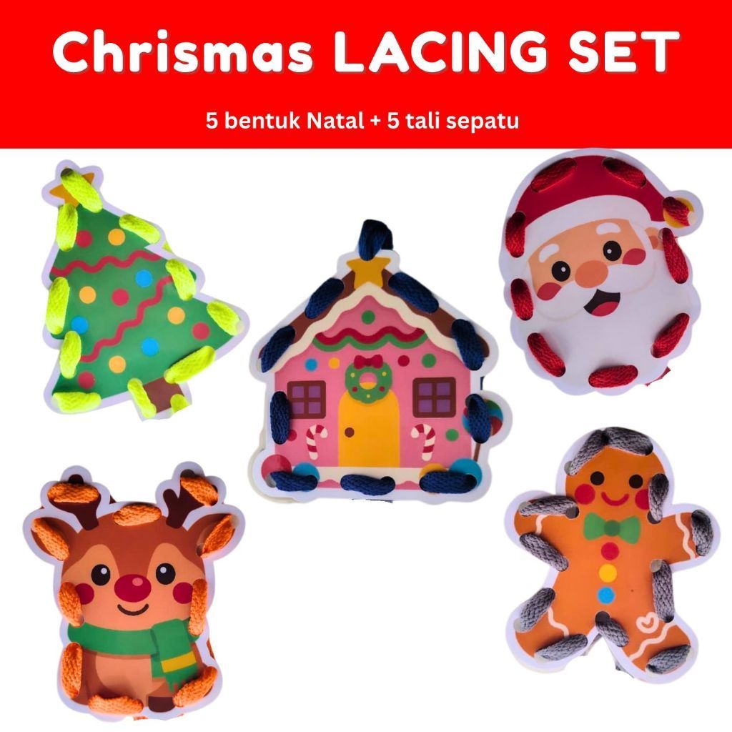 KIDIKOIN - Christmas Lacing Card Set 5in1 – Mainan Lacing Montessori Motorik Anak