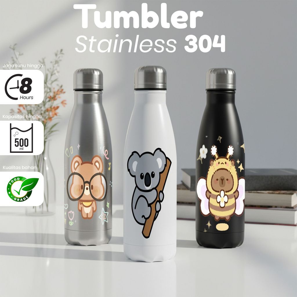 Tumbler Stainless Steel 304 Kapasitas 500ml Desain Unik Berwarna Perak, Putih dan Hitam, Menjaga Suh