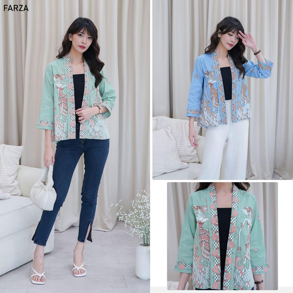 Girly Farza Rompi Wanita Pastel Sage Blazer Batik Outer Batik Lengan Panjang Luaran Batik Atasan Blo