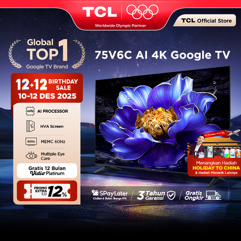 TCL AI 4K Google TV 75 inch V6C - MEMC - HDR 10 - HVA Panel - Dolby Audio - Google Play/Netflix/Yout