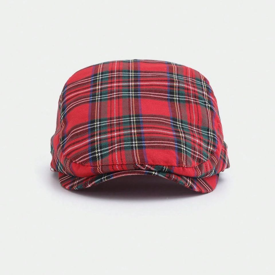 1pc Plaid Retro Casual Polyester Patchwork Newsboy Cap, British Style, Beret Cap