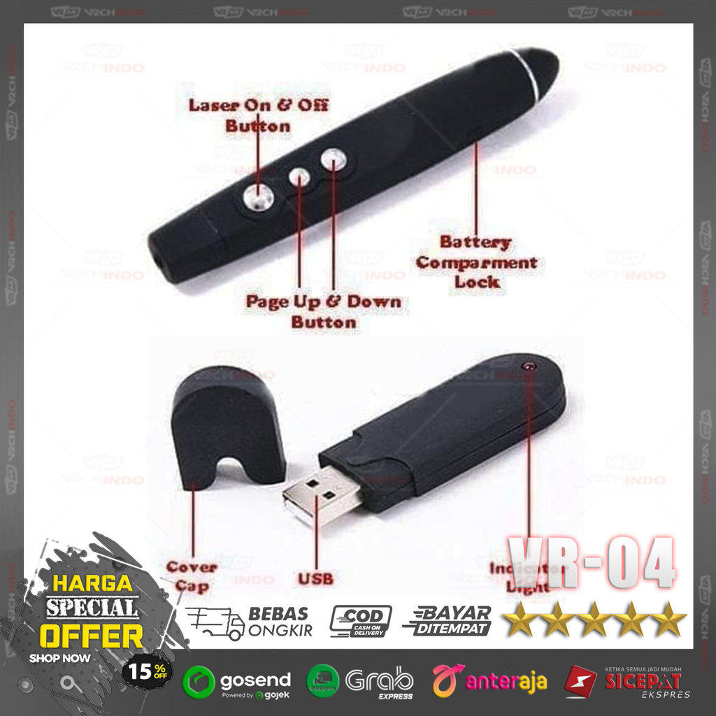Wireless Presenter USB Laser Pointer untuk Presentasi Laptop PC Portable VR-04 