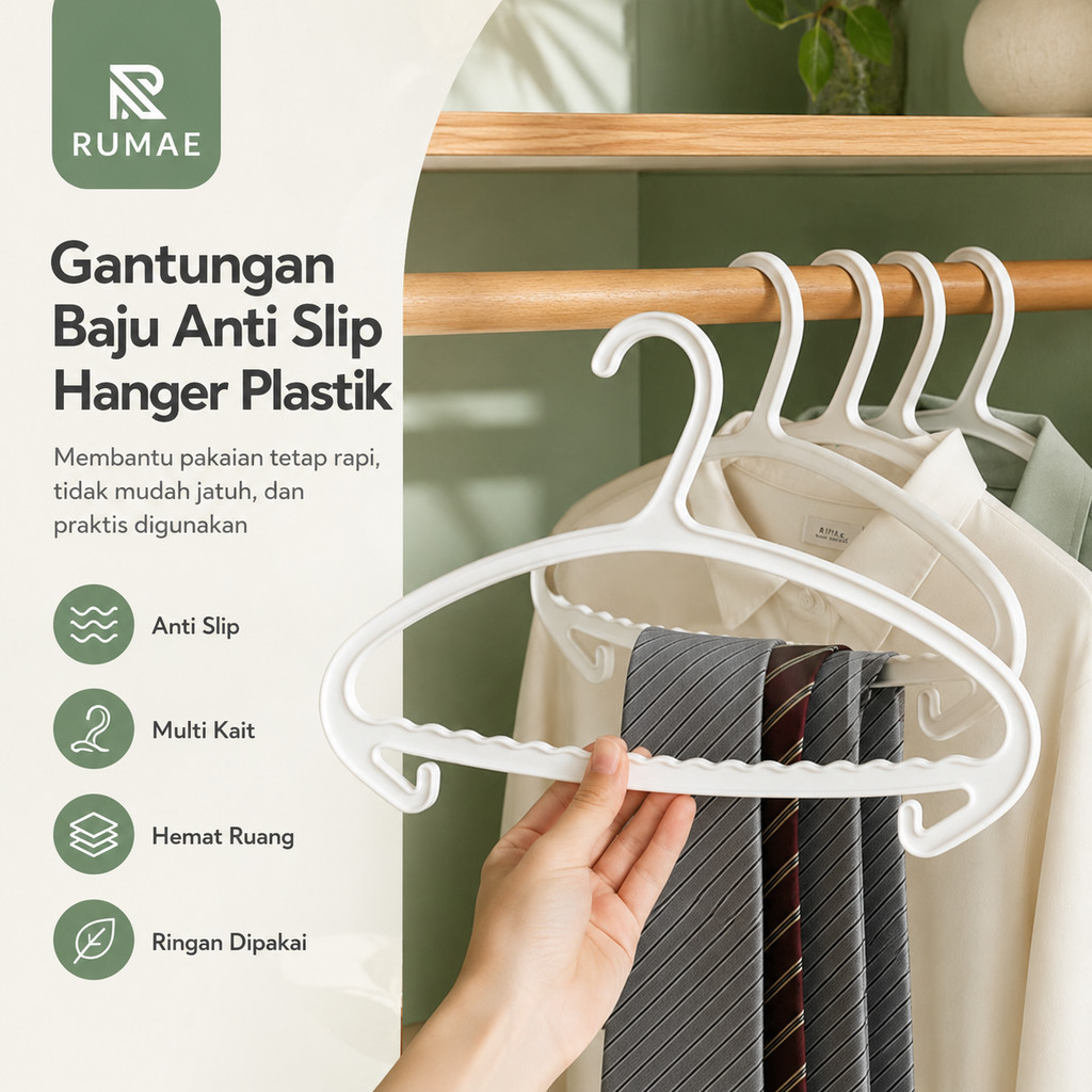 RUMAE Gantungan Baju Anti Slip Hanger Plastik Melengkung Bahan PP Tebal Laundry Jemuran