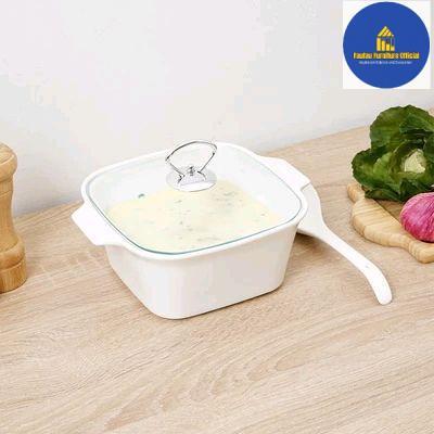 Serving Pot Soup Wadah Hidangan Sayur Sop Keramik Kotak Dengan Centong Tutup Kaca 1.5L - Putih