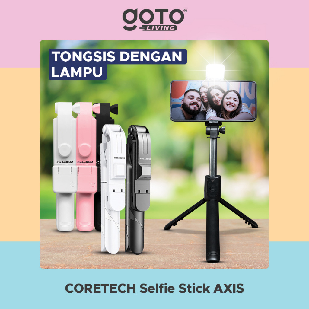 (Gajah_Duduk) Coretech Axis Tripod Tongsis Bluetooth Remot Selfie Stick LED Flash