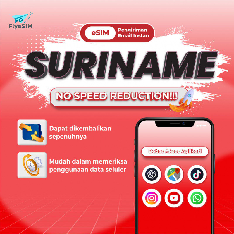 Flyesim Suriname esim Roaming 5G Data | 3-20GB 3-30Hari | Instant Email Delivery | High Speed Travel