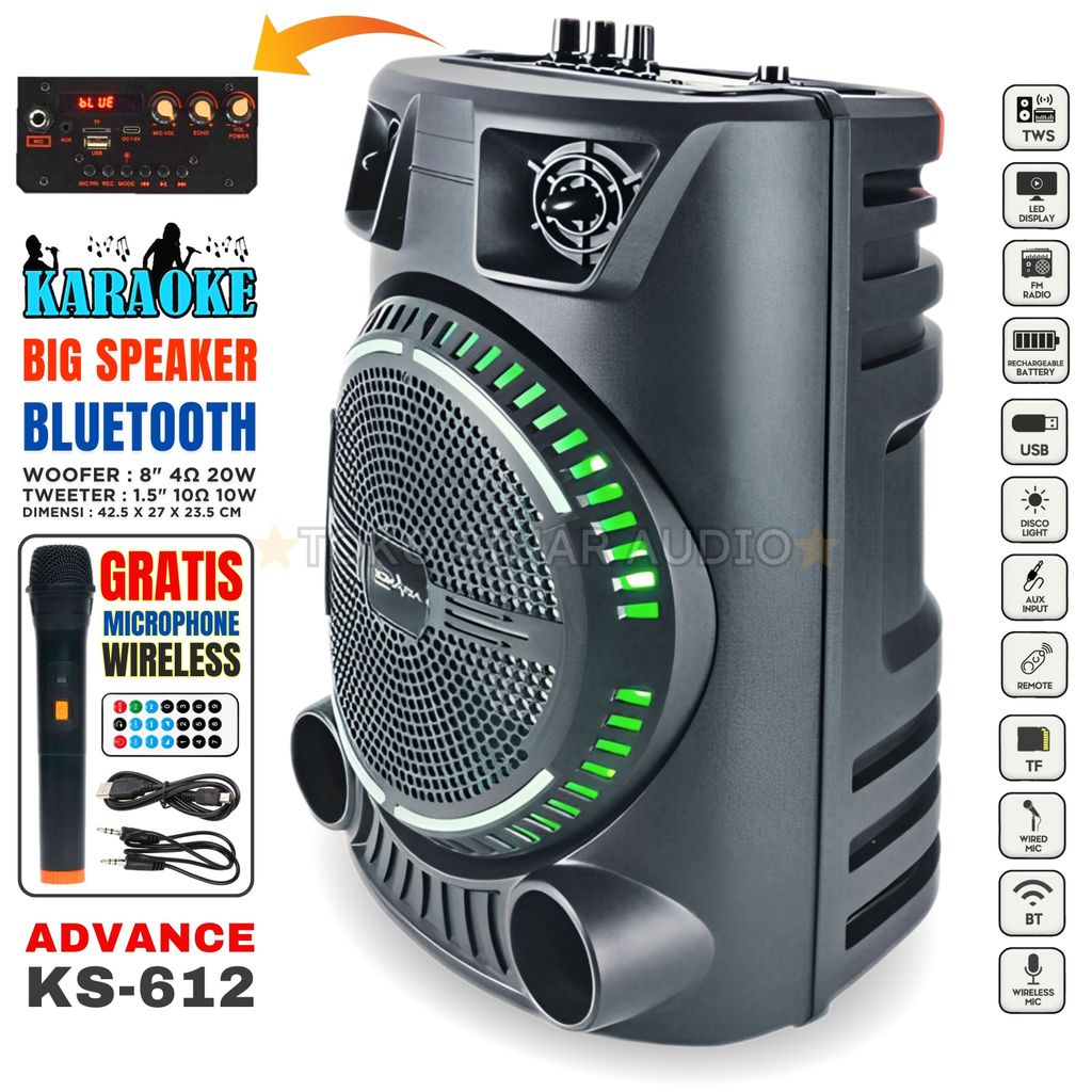 SPEAKER BLUETOOTH FULL BASS ADVANCE KS-612 + GRATIS MIC TANPA KABEL SUBWOOFER 8INCH / speaker blueto