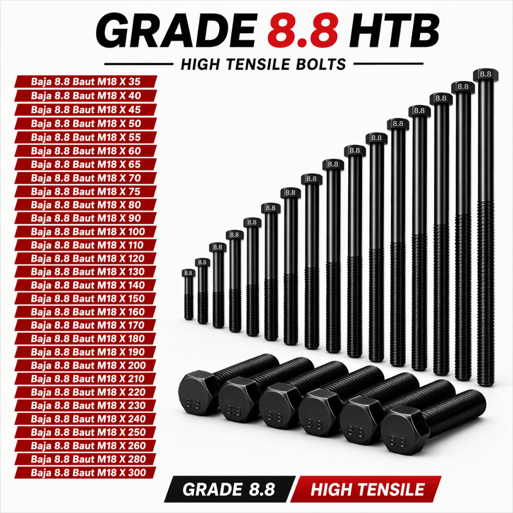 Baja 8.8 Baut M18X300 / Baut 18X300 / M18 X 300 / 18 X 300  Grade 8.8 HTB - High Tensile Bolt Half D