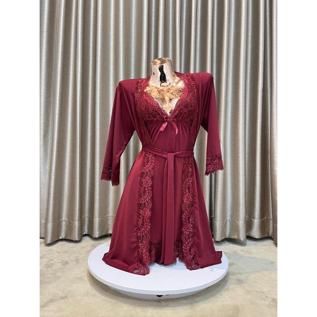Longnight Sleepweart Lingerie Dress Wanita Cantik baju tidur daleman lingerie + Kimono + Belt 007L