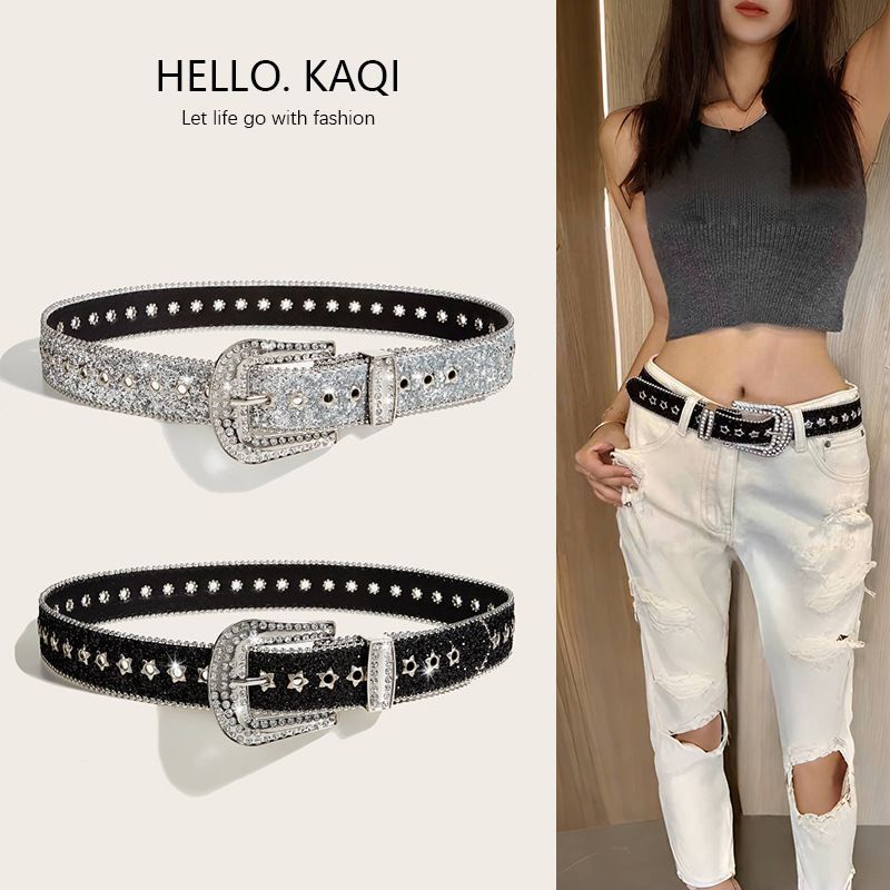 Sabuk lebar berpayet rhinestone, sabuk kulit wanita, aksesori gaun warna perak