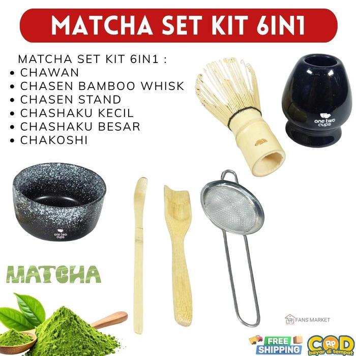 One Two Cups Matcha Set Kit Jepang Lengkap | Chasen Bowl Matcha Whisk Holder Tea Set Premium - Hitam
