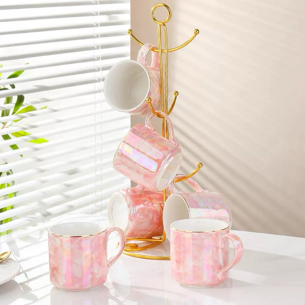 DISON Set Mug Keramik Mewah with Rak Emas 6 Pcs  Set Gelas keramik