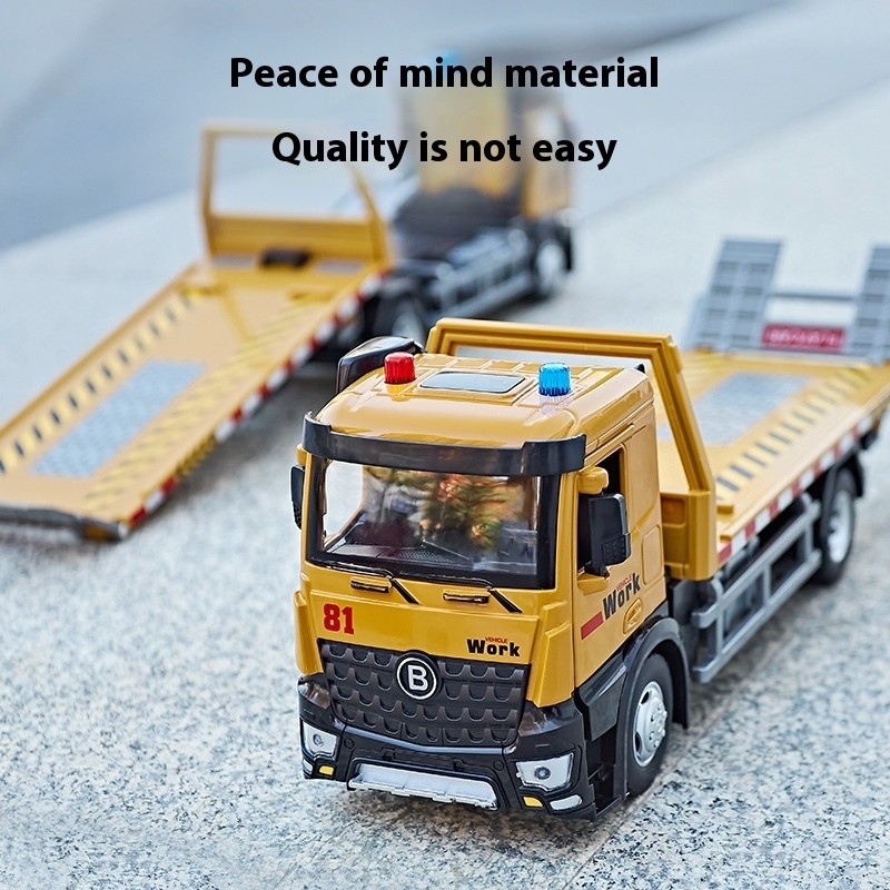 Large Flatbed Trailer Urban Road Rescue Vehicle Alloy Truck Diecast Model Sound & Light Toy Display 