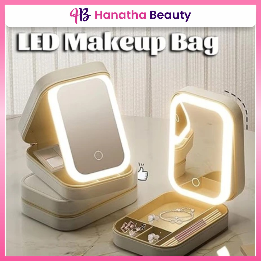 Tas Makeup Lampu 3 Warna Lampu Rias Mini Lipat Makeup Beauty Case Full Mirror Tas Makeup Lampu