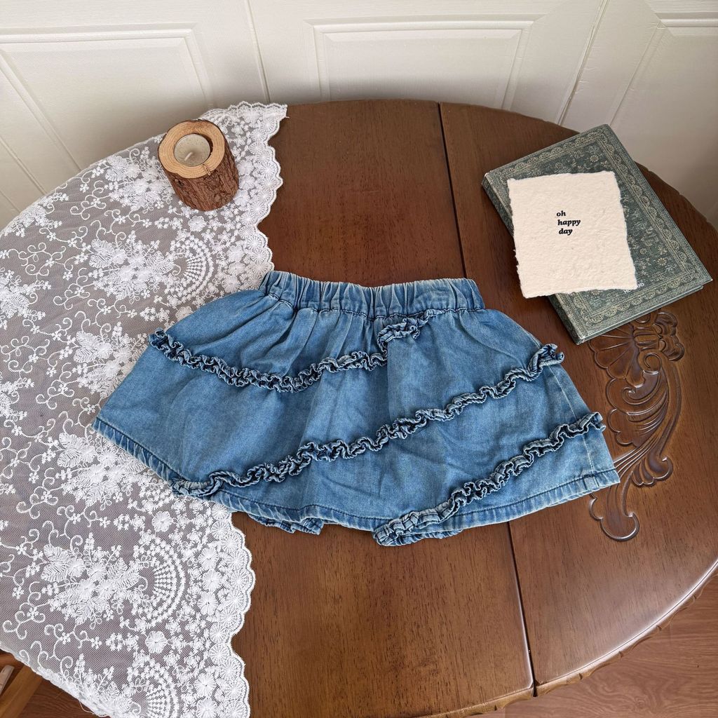 Cutemily spring and summer baby girl cute denim trouser skirt, female treasure pleated lace soft den