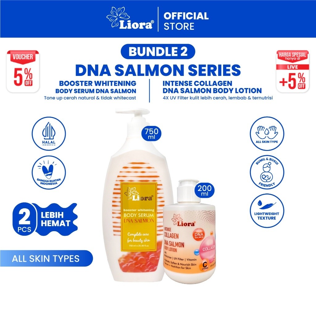 [Best Seller Set 1] LIORA - Body Serum DNA Salmon 750ml + Body Lotion Intense Collagen Dna Salmon 20